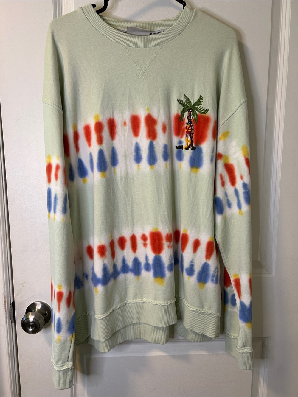 Scotch & Soda Light Green Tie-Dye Crewneck with Multicolor Palm Motif